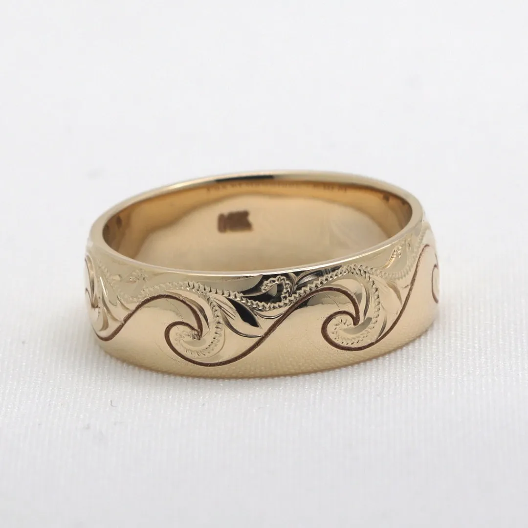 Wave Ring From Hawaii, Made of Solid 14K Gold, Hand Engraved With Ocean Wave Design (8mm Width, Dome Style)