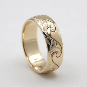 Wave Ring From Hawaii, Made of Solid 14K Gold, Hand Engraved With Ocean Wave Design (8mm Width, Dome Style)