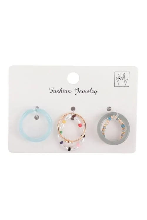 Wavy Resin Beaded Elastic Assorted 5 Pieces Ring Set Multicolor - Pack of 6