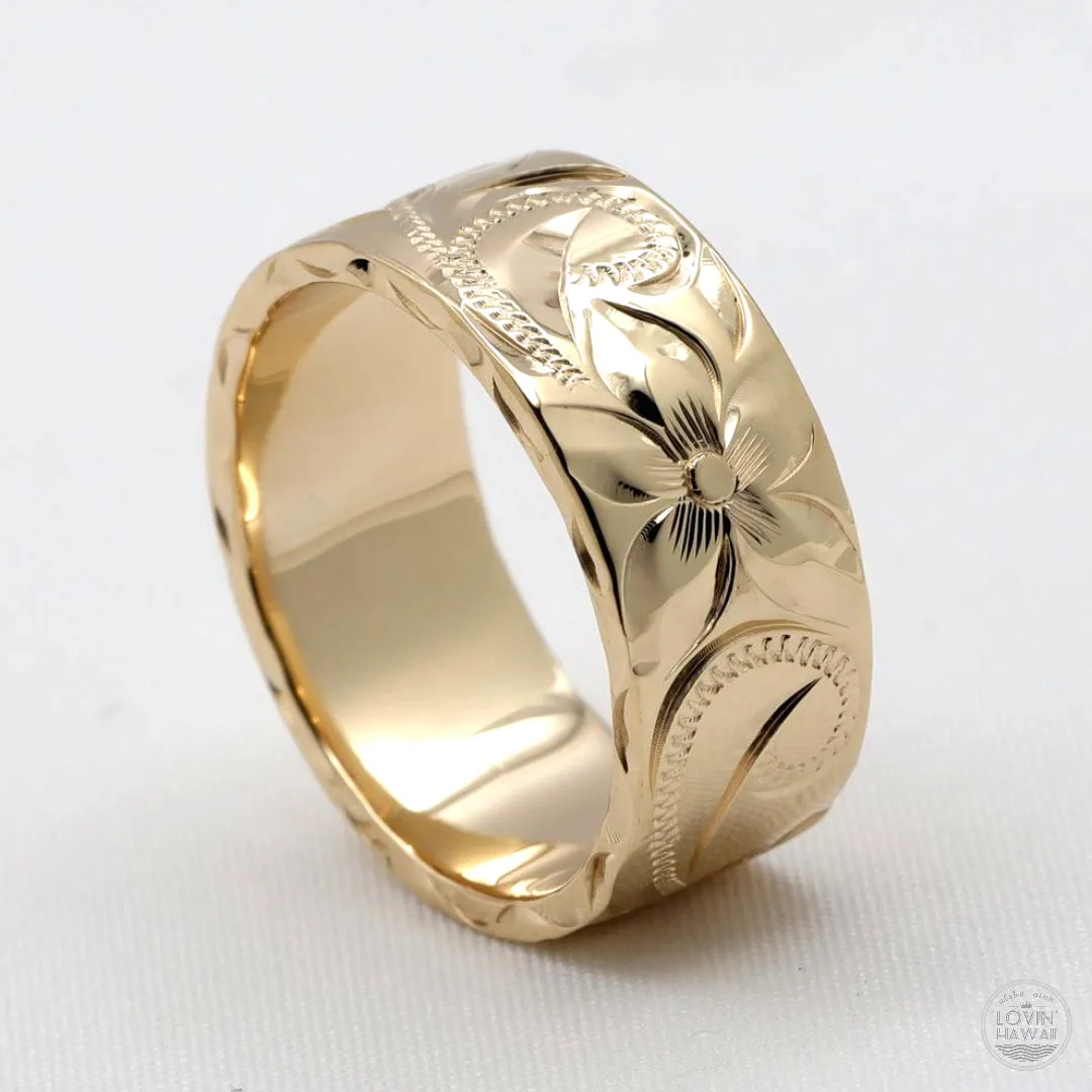 Wedding Bands From Hawaii, Solid 14K Gold, Hand Engraved Design (8mm Width, Flat Style)