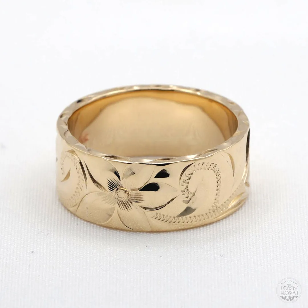 Wedding Bands From Hawaii, Solid 14K Gold, Hand Engraved Design (8mm Width, Flat Style)