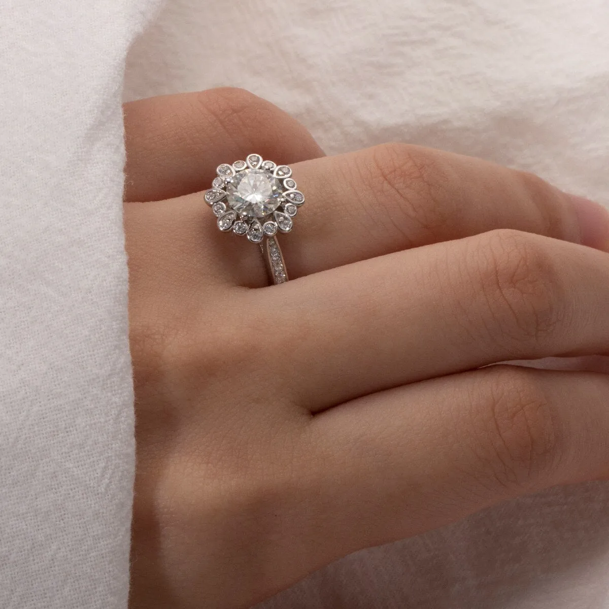 White Gold Sunflower 1.2ct Diamond Halo Engagement Ring