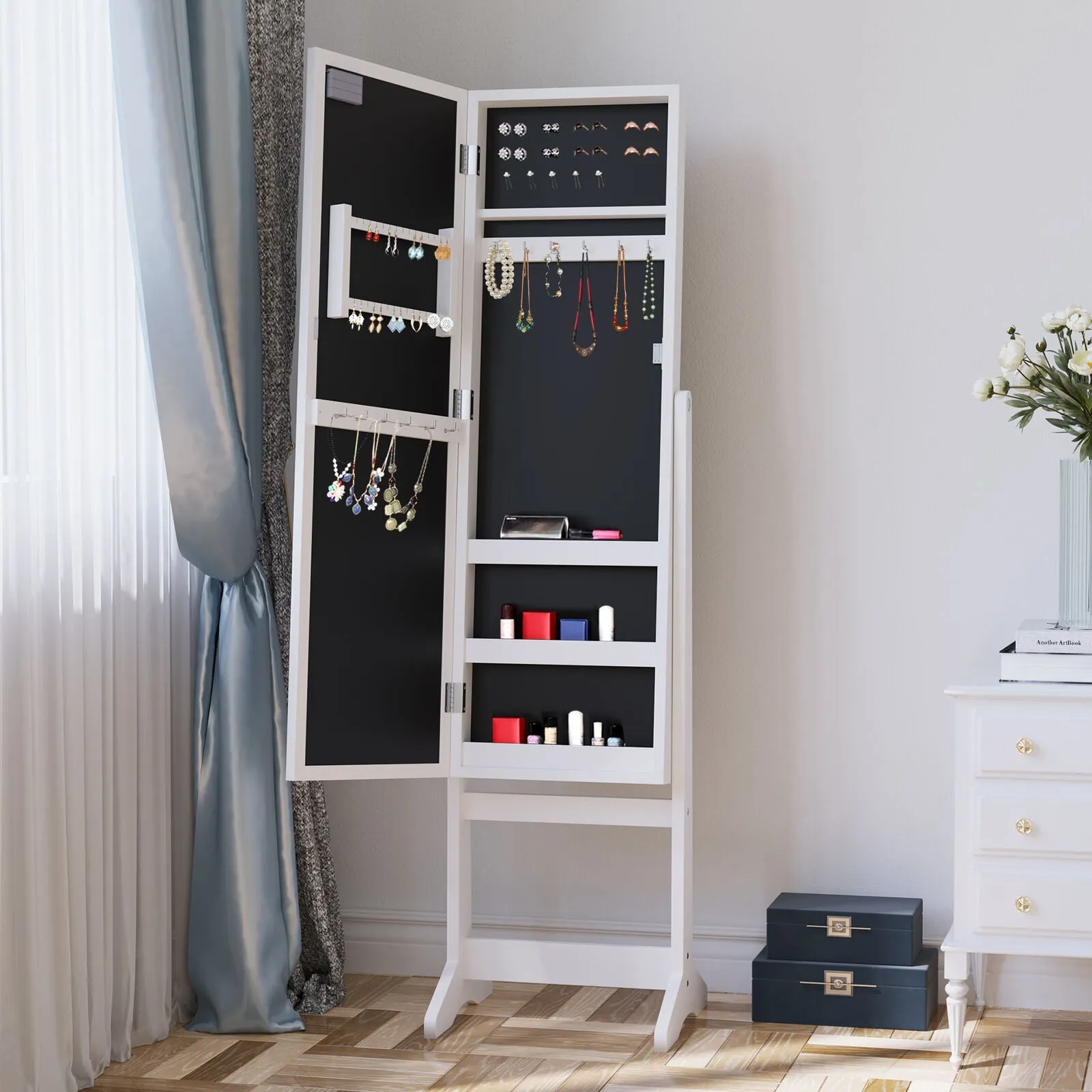 White LED Full Length Free Standing Mirror | 16 Large Marquee Lights | Jewellery Storage | 1.46m High