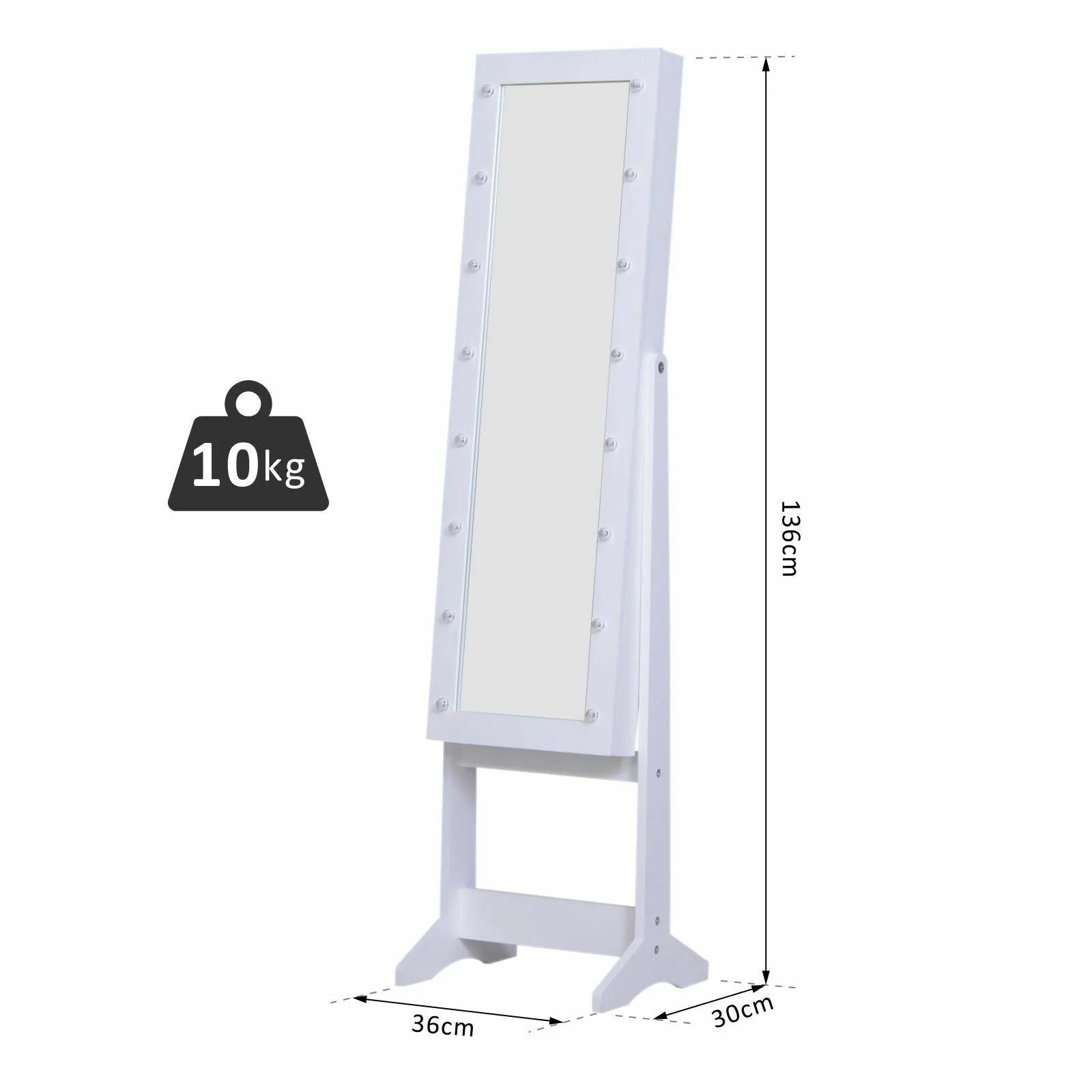 White LED Full Length Free Standing Mirror | 16 Large Marquee Lights | Jewellery Storage | 1.46m High