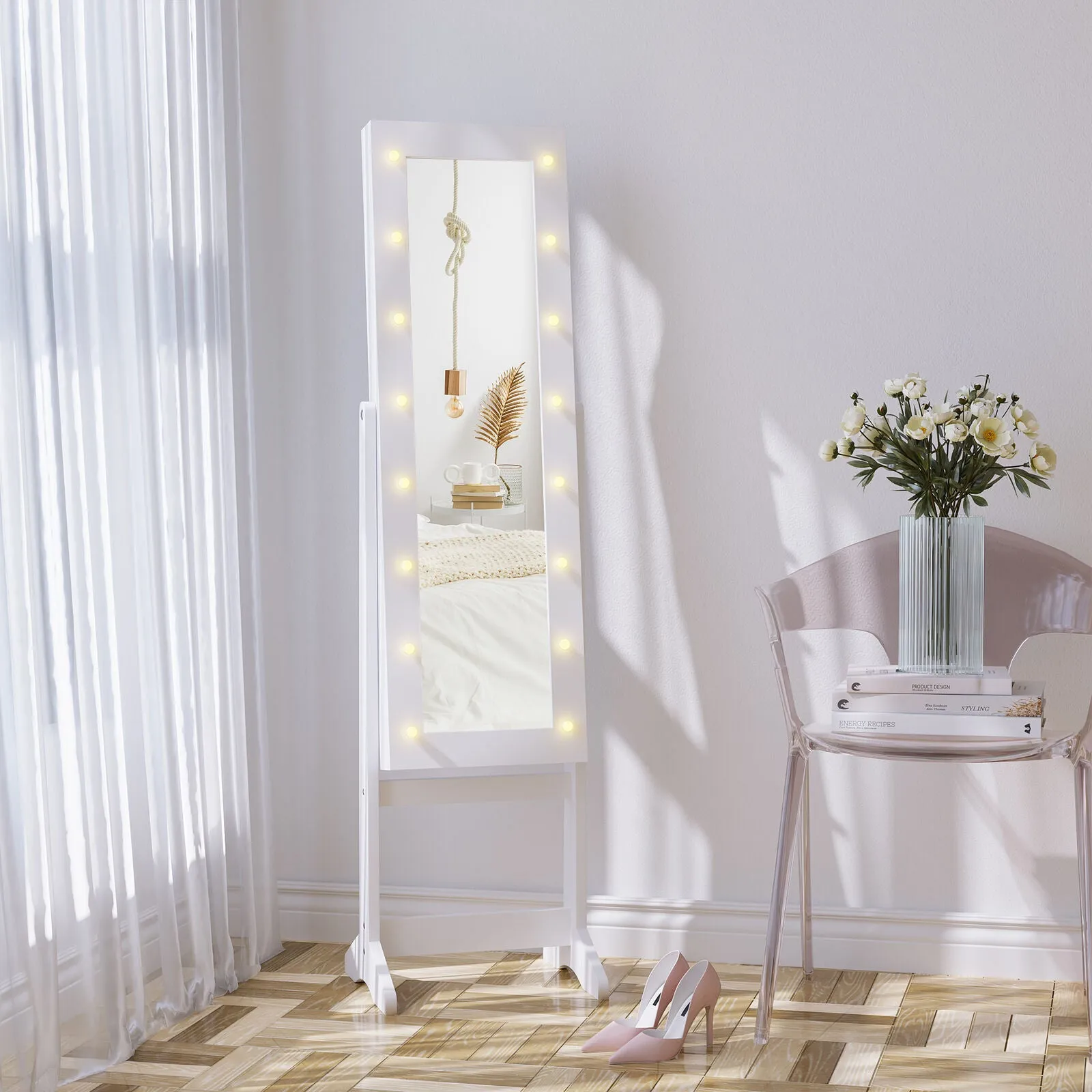 White LED Full Length Free Standing Mirror | 16 Large Marquee Lights | Jewellery Storage | 1.46m High