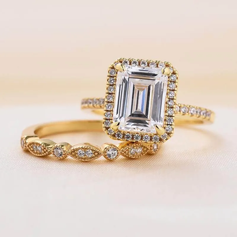 Yellow Gold 4.0 CT Emerald Cut Wedding Ring Set
