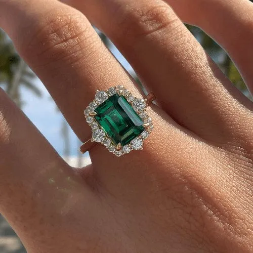 Yellow Gold Diamond Halo Emerald Cut Engagement Ring
