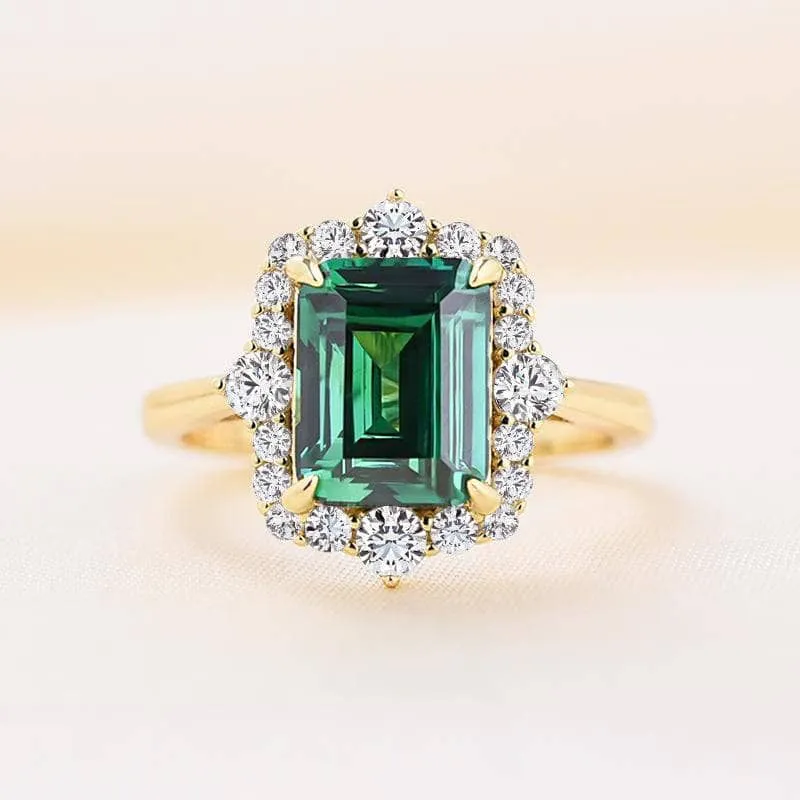Yellow Gold Diamond Halo Emerald Cut Engagement Ring