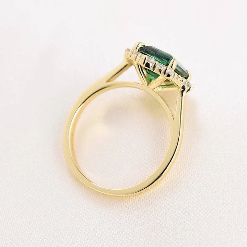 Yellow Gold Diamond Halo Emerald Cut Engagement Ring