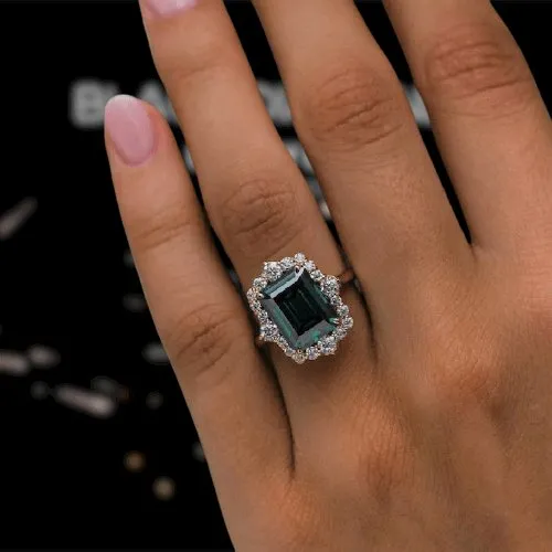 Yellow Gold Diamond Halo Emerald Cut Engagement Ring