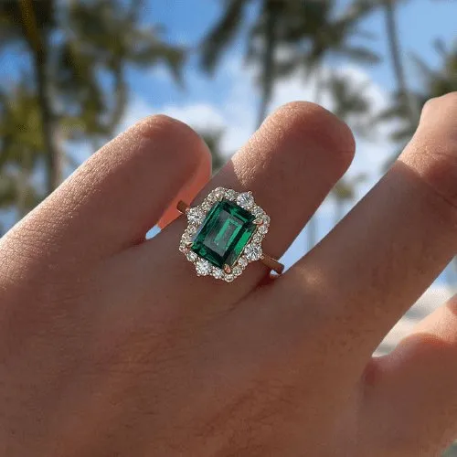Yellow Gold Diamond Halo Emerald Cut Engagement Ring
