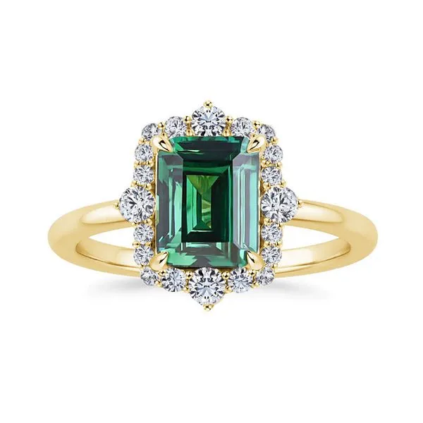 Yellow Gold Diamond Halo Emerald Cut Engagement Ring