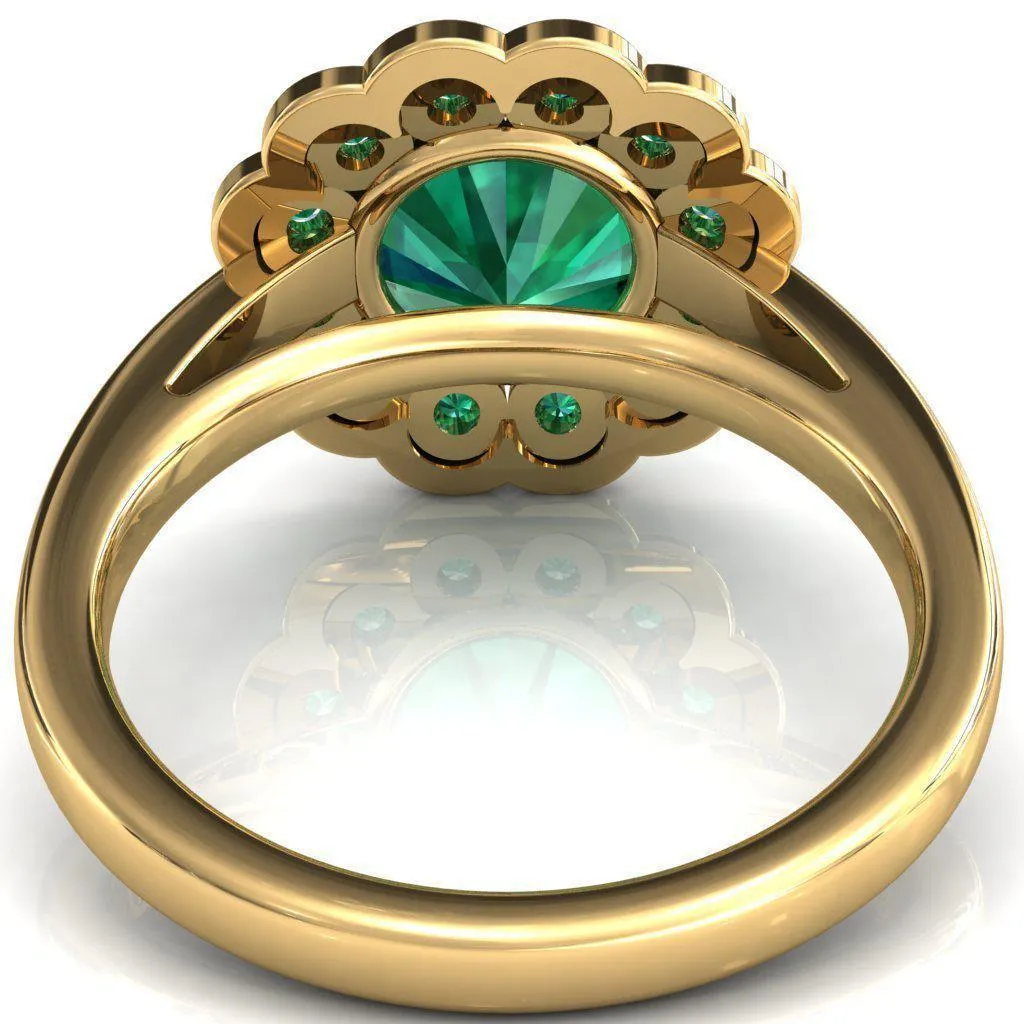 Zinnia Round Emerald 6 Prongs Milgrain Halo Accent Emerald Ring