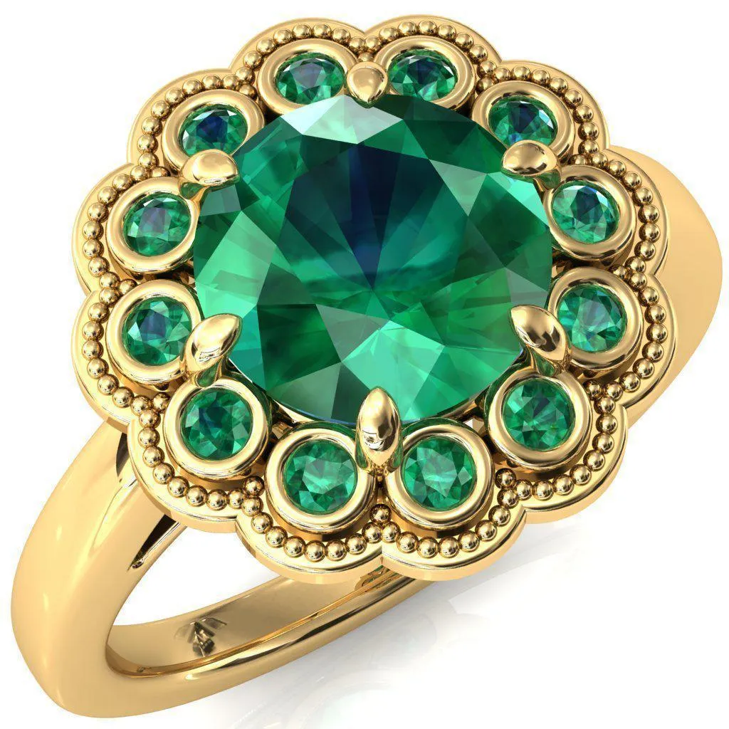 Zinnia Round Emerald 6 Prongs Milgrain Halo Accent Emerald Ring