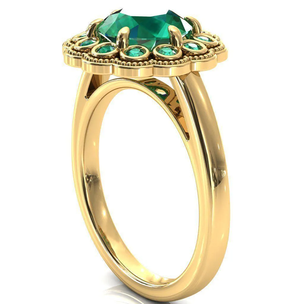 Zinnia Round Emerald 6 Prongs Milgrain Halo Accent Emerald Ring