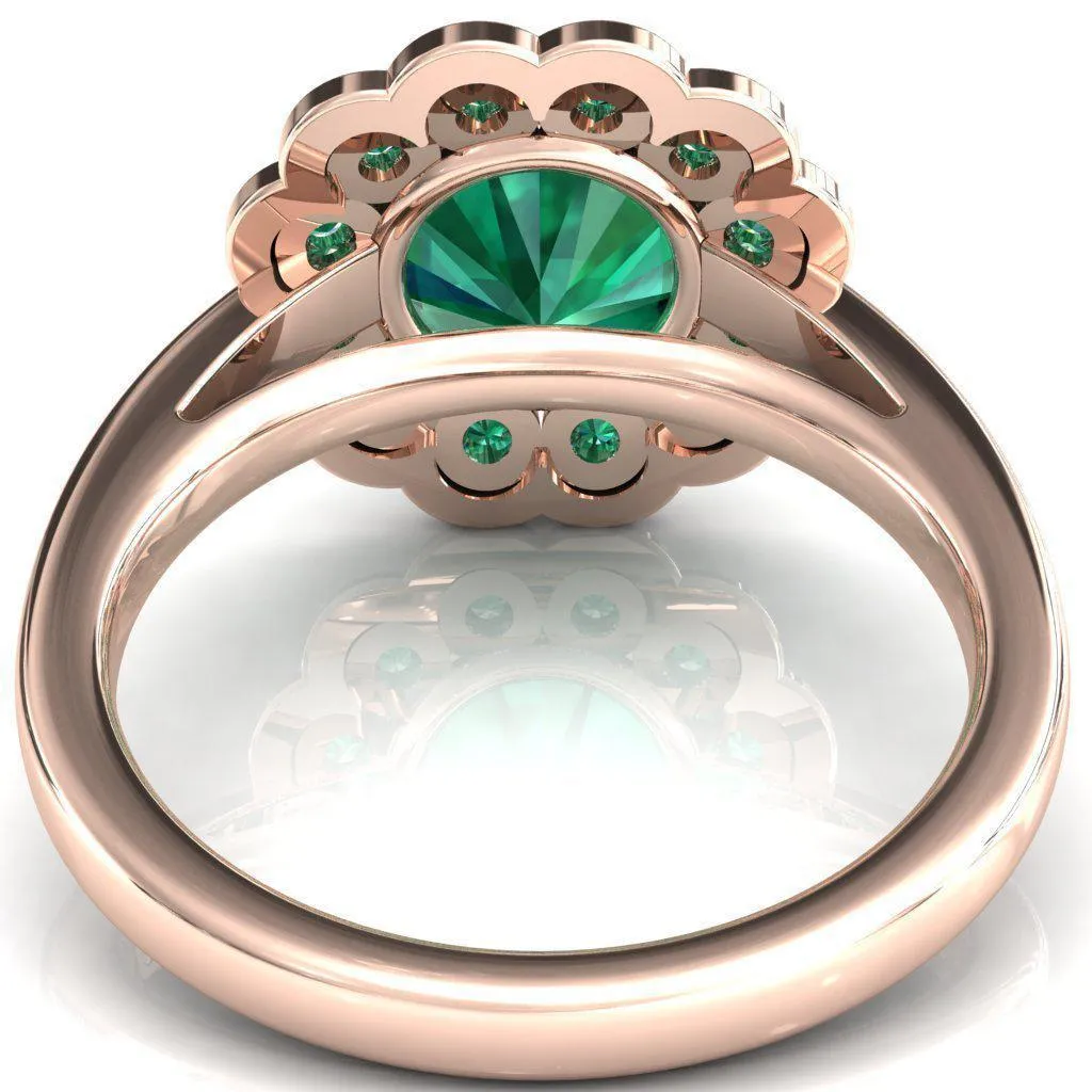 Zinnia Round Emerald 6 Prongs Milgrain Halo Accent Emerald Ring