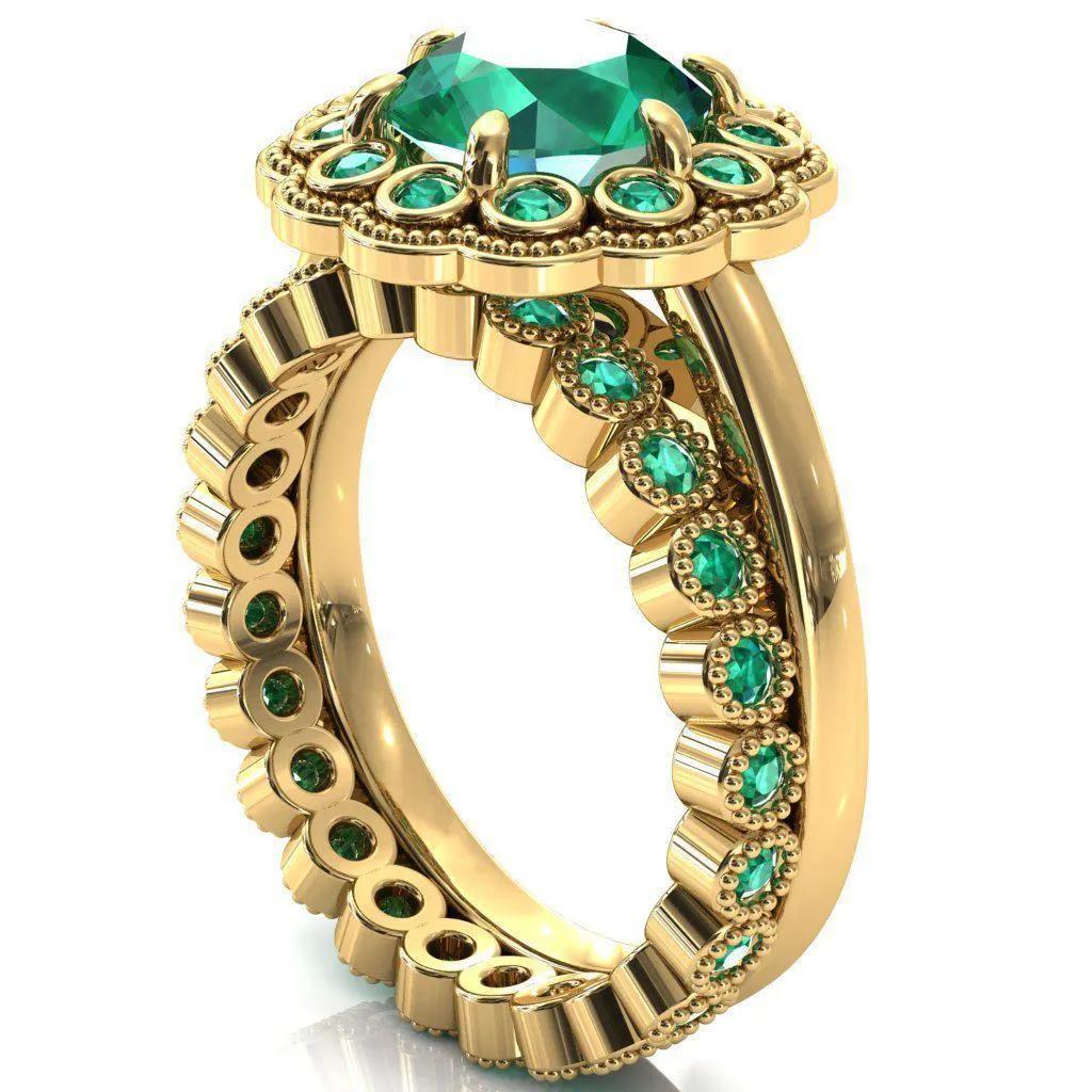 Zinnia Round Emerald 6 Prongs Milgrain Halo Accent Emerald Ring