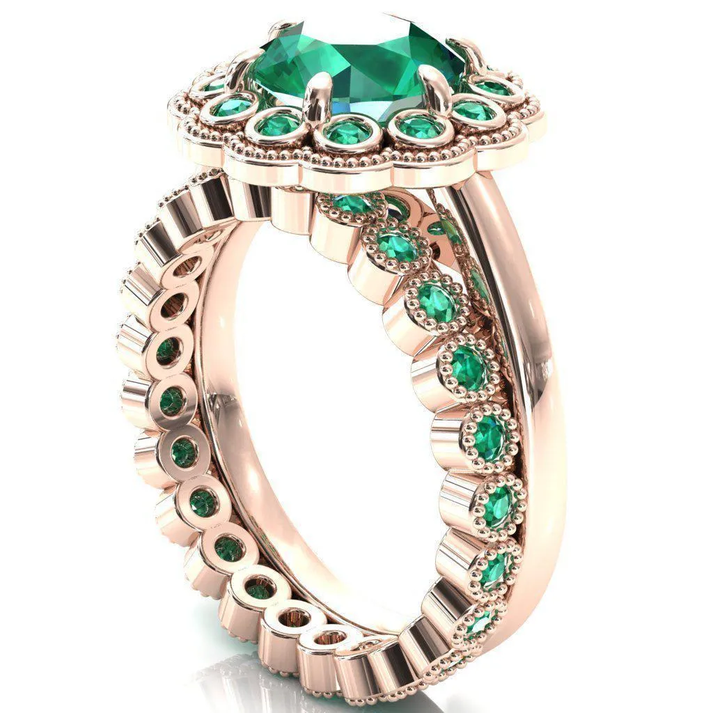 Zinnia Round Emerald 6 Prongs Milgrain Halo Accent Emerald Ring