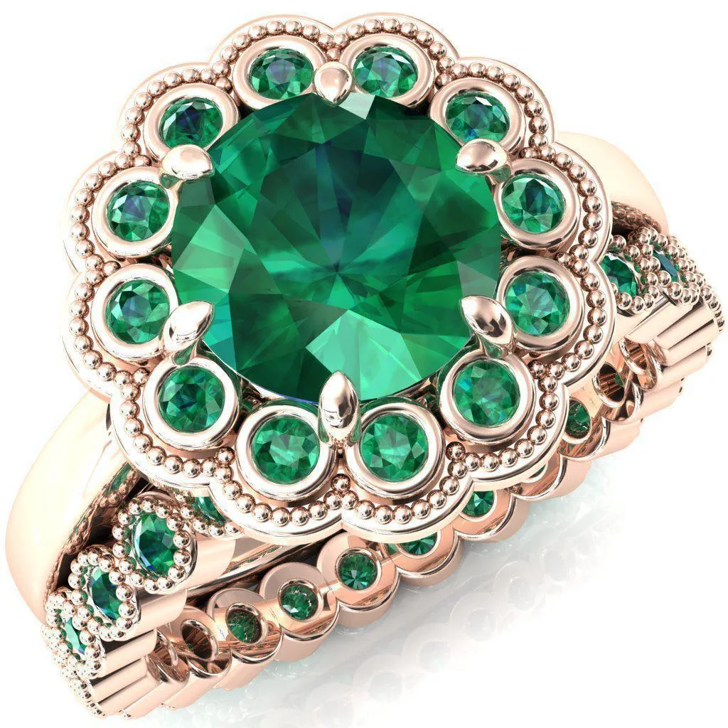 Zinnia Round Emerald 6 Prongs Milgrain Halo Accent Emerald Ring