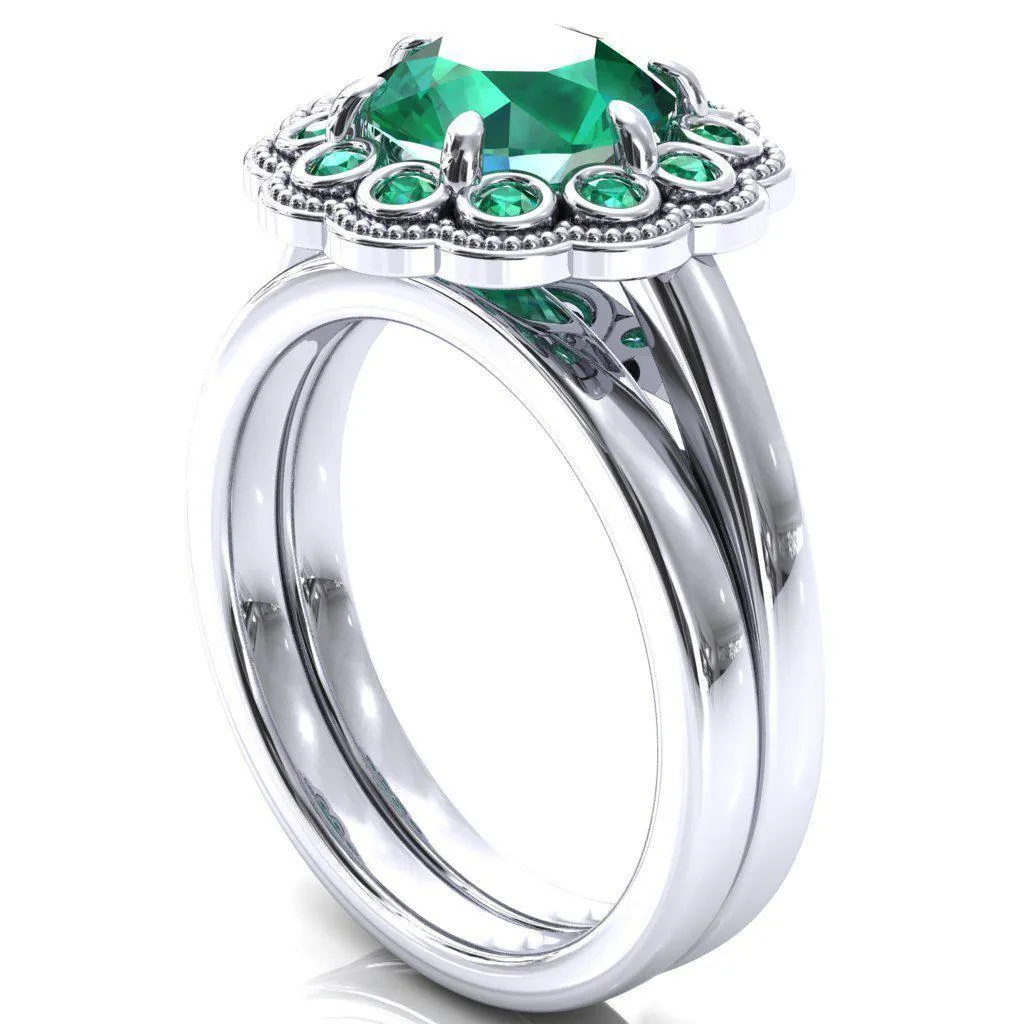 Zinnia Round Emerald 6 Prongs Milgrain Halo Accent Emerald Ring