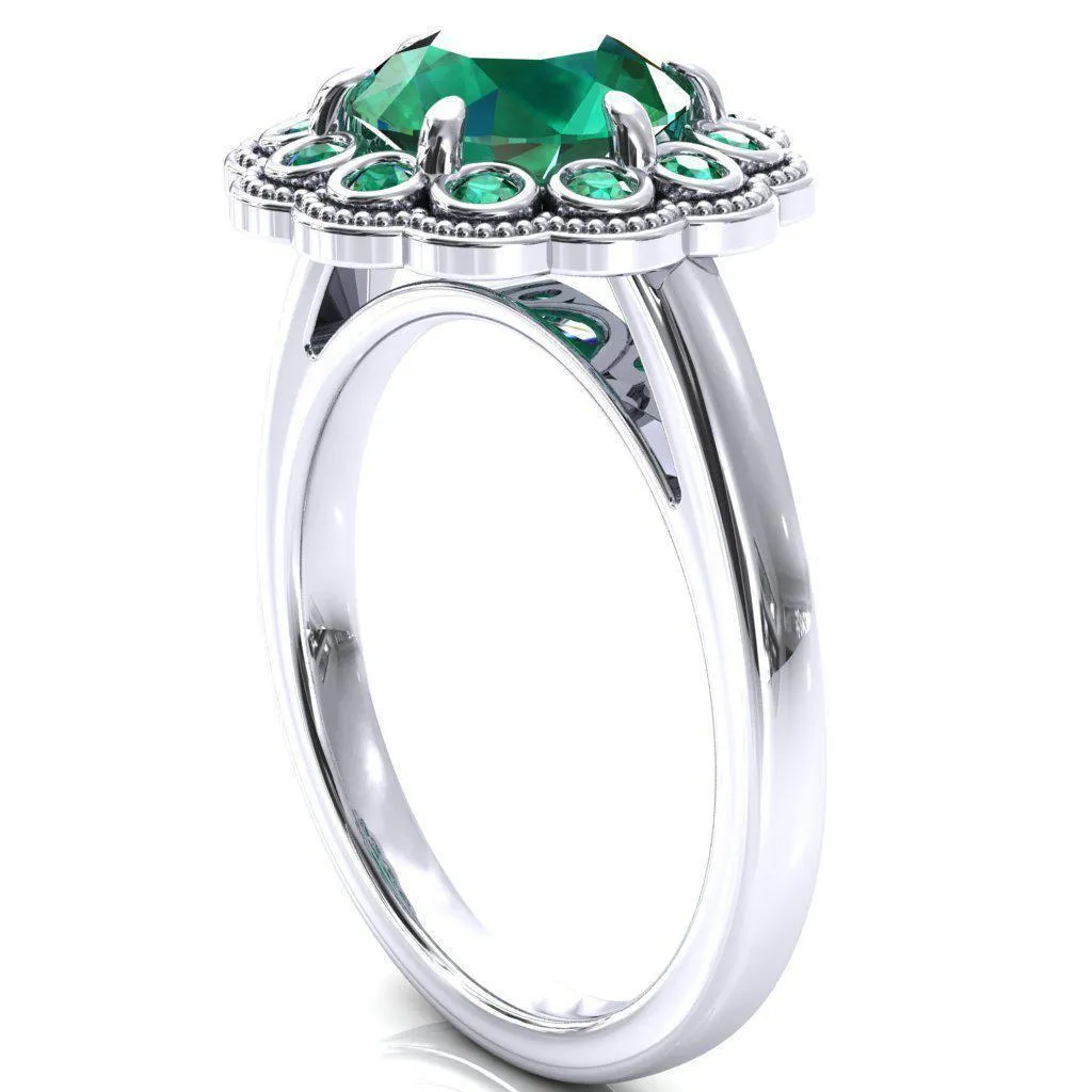 Zinnia Round Emerald 6 Prongs Milgrain Halo Accent Emerald Ring