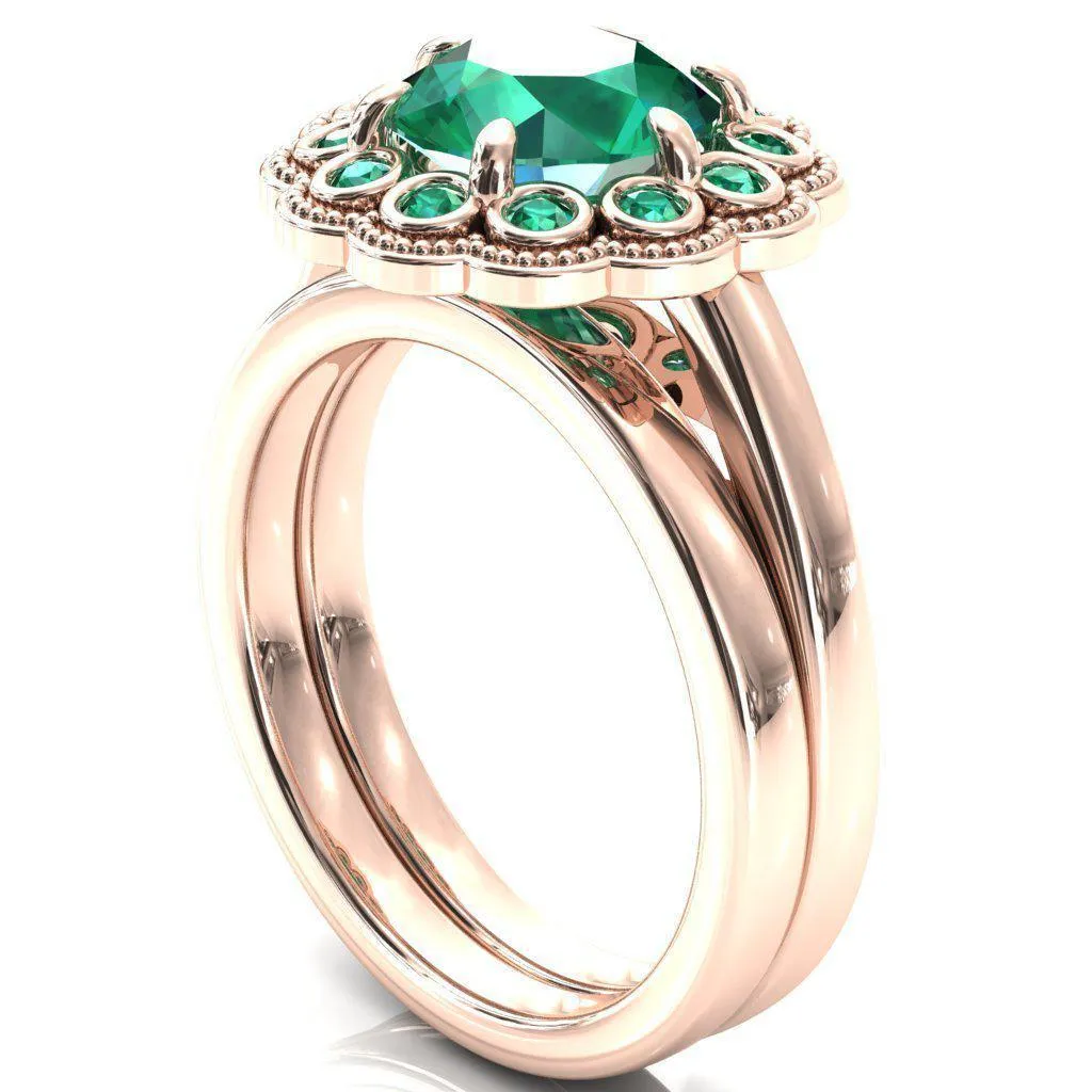 Zinnia Round Emerald 6 Prongs Milgrain Halo Accent Emerald Ring