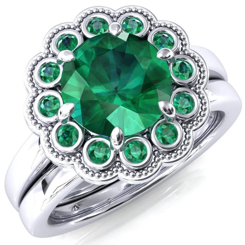 Zinnia Round Emerald 6 Prongs Milgrain Halo Accent Emerald Ring