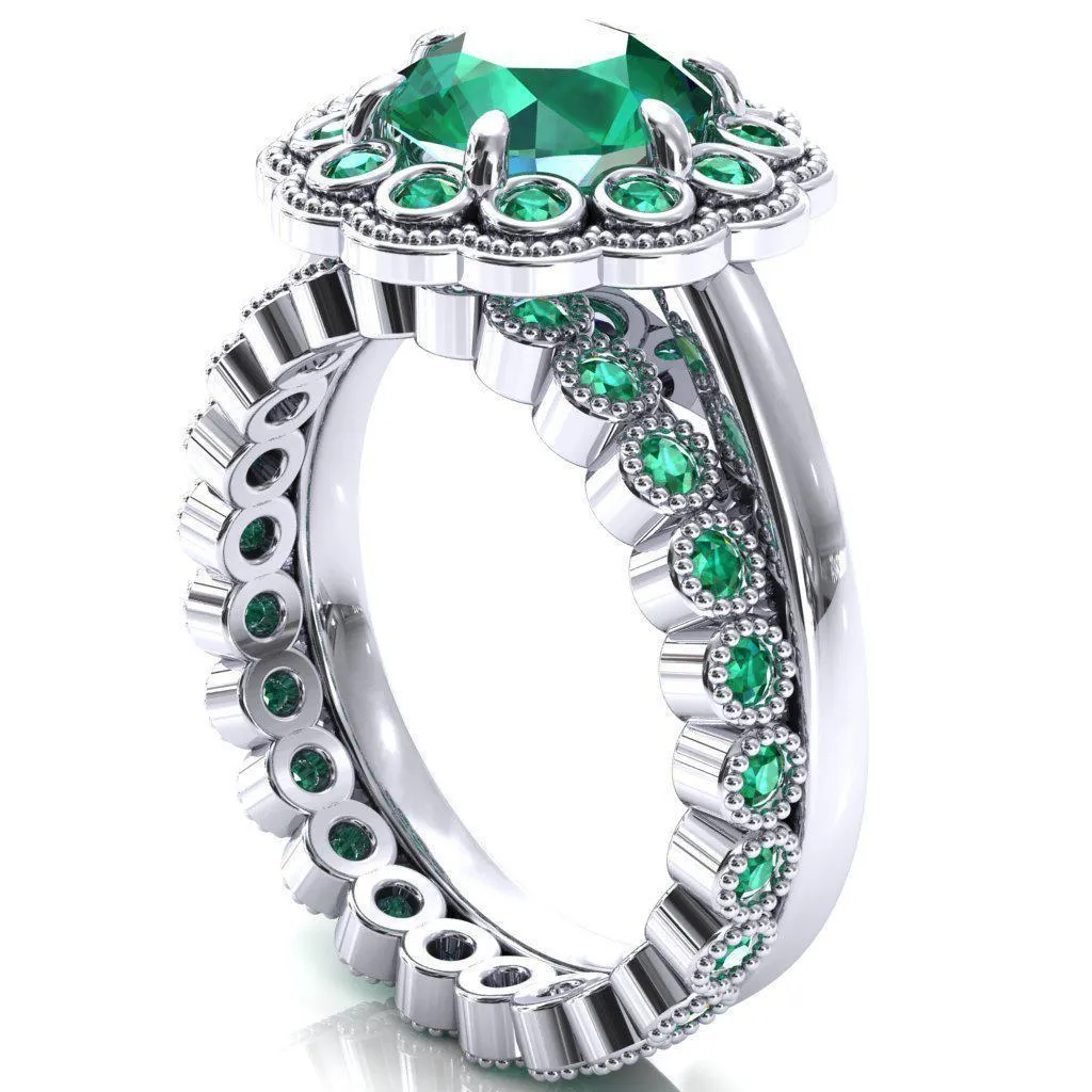Zinnia Round Emerald 6 Prongs Milgrain Halo Accent Emerald Ring