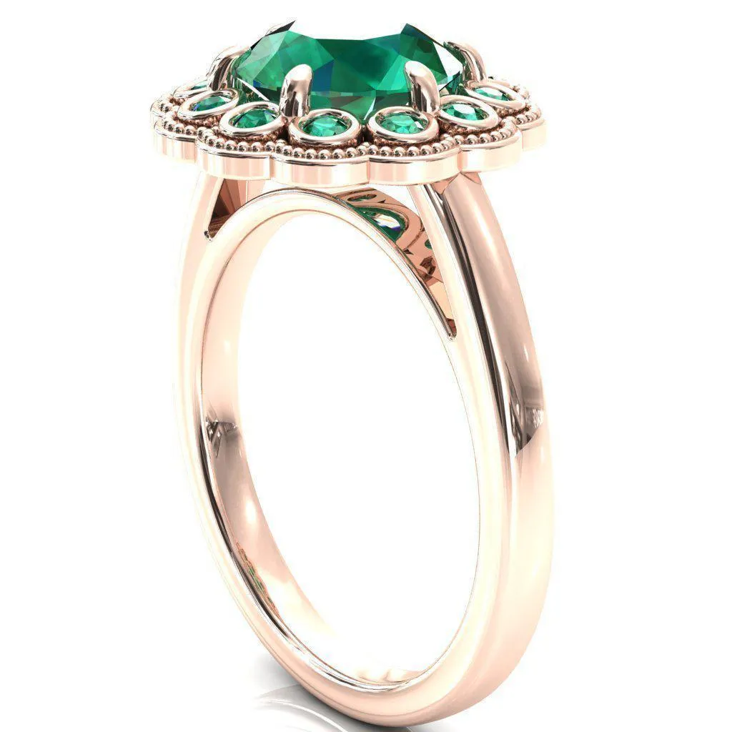 Zinnia Round Emerald 6 Prongs Milgrain Halo Accent Emerald Ring