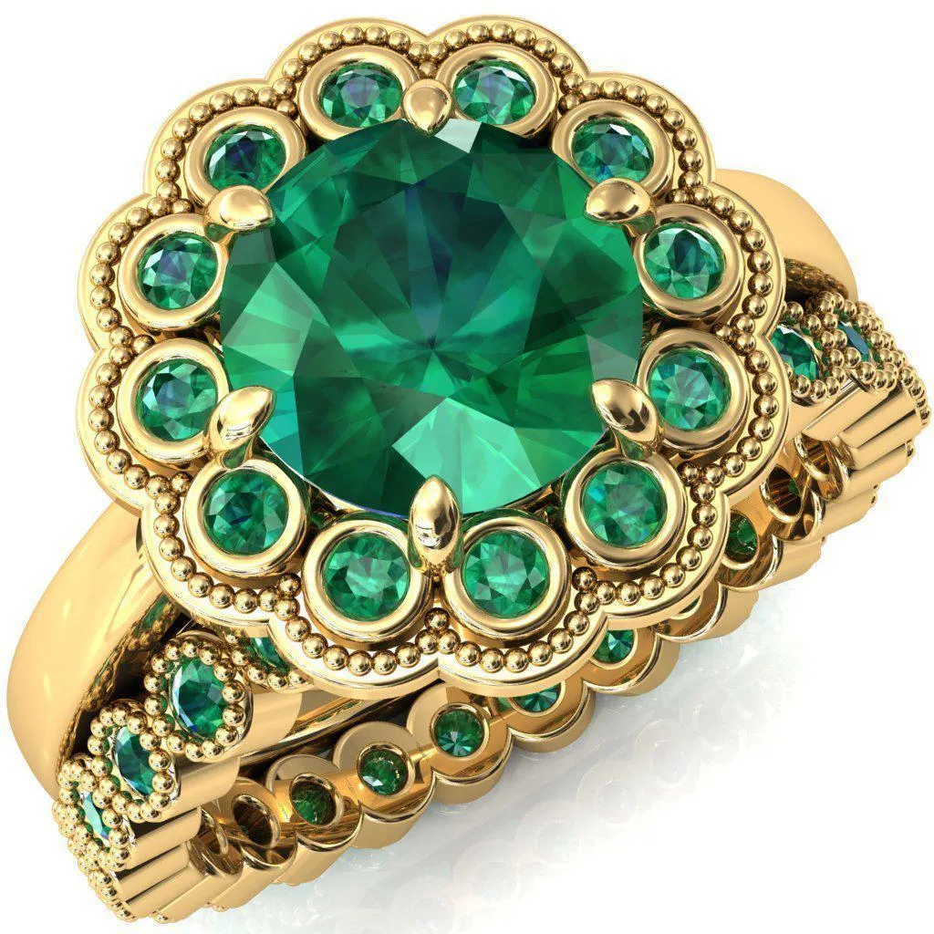 Zinnia Round Emerald 6 Prongs Milgrain Halo Accent Emerald Ring