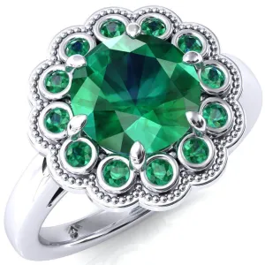 Zinnia Round Emerald 6 Prongs Milgrain Halo Accent Emerald Ring