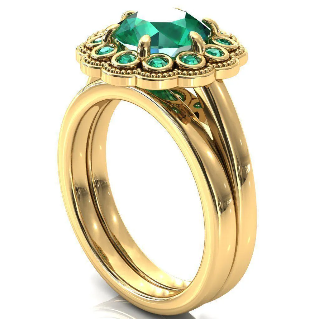 Zinnia Round Emerald 6 Prongs Milgrain Halo Accent Emerald Ring