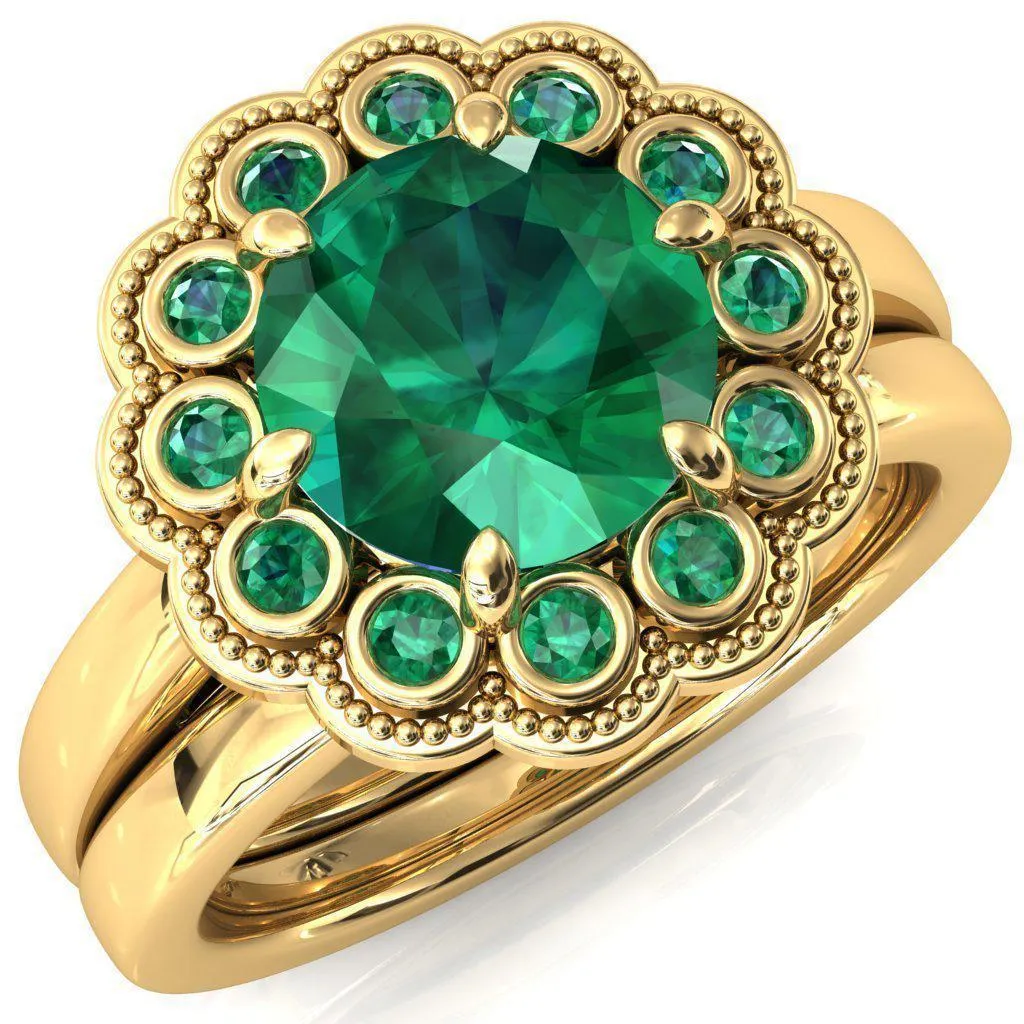 Zinnia Round Emerald 6 Prongs Milgrain Halo Accent Emerald Ring