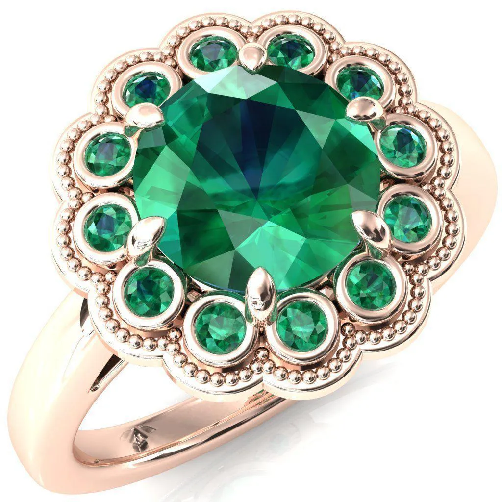 Zinnia Round Emerald 6 Prongs Milgrain Halo Accent Emerald Ring